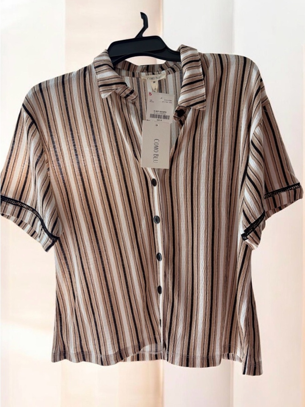 Fred David Beige and Black Striped Short-Sleeve Button-Up Blouse